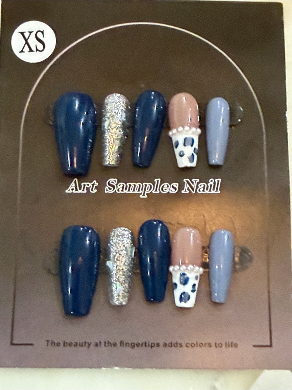 Navy, Blush & Silver Glitter Press-On Nail Set with Pearl Accent